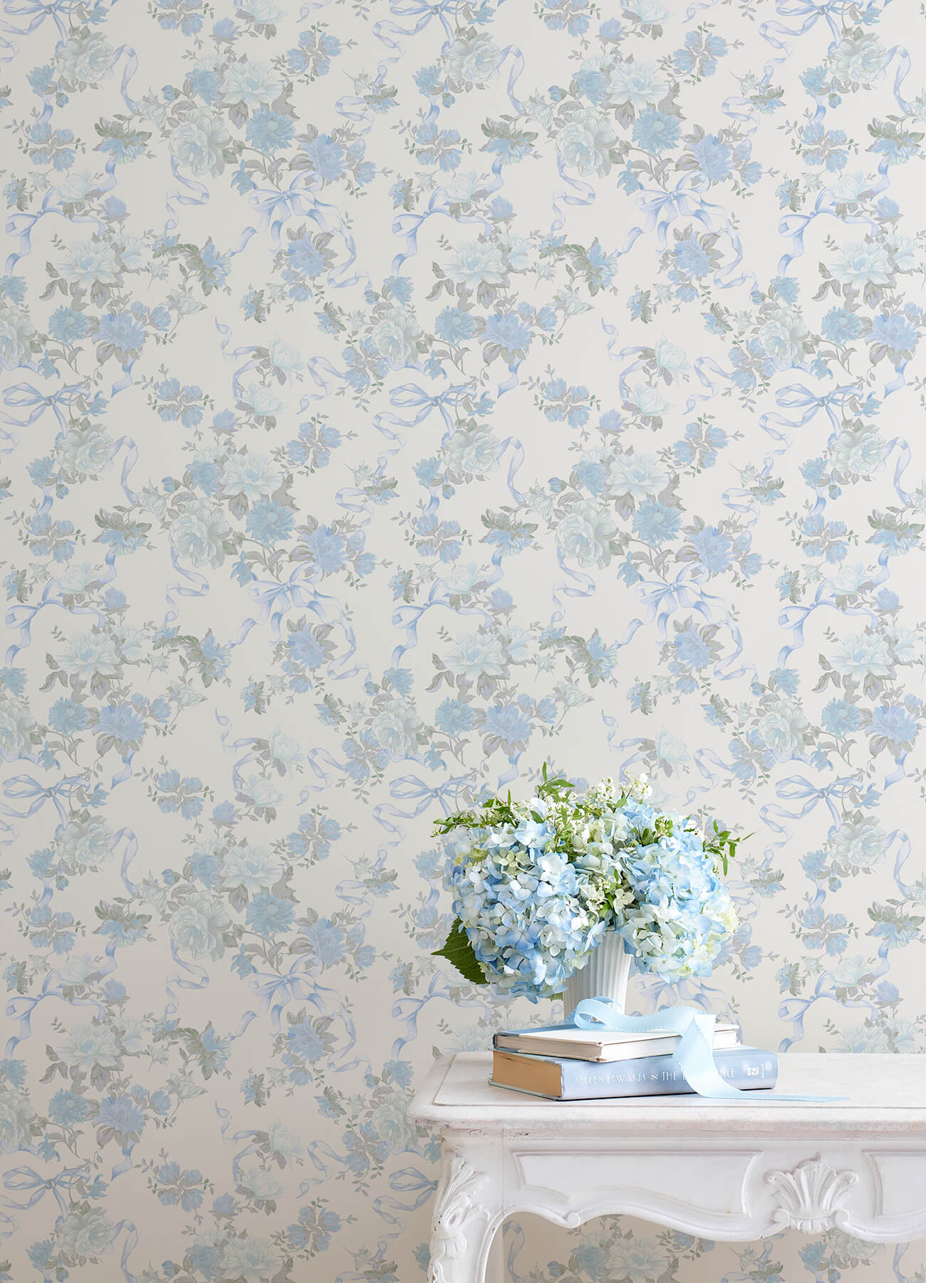 York Wallcoverings. AST4654 - Cabbage Rose Bow Dusty River Blue Ribbons ...