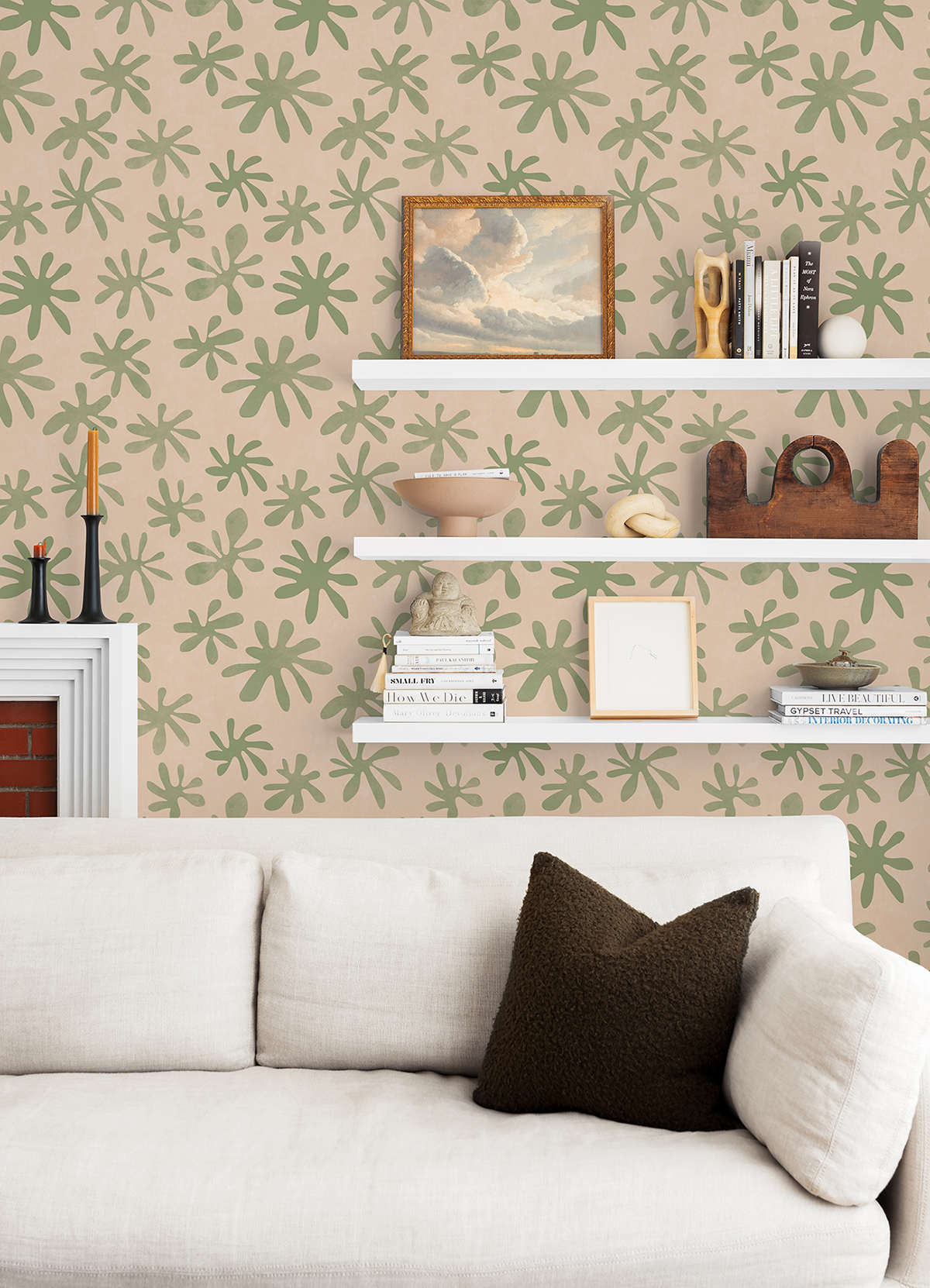 AHS4718 Blush and Sage Field of Flowers Peel and Stick Wallpaper by