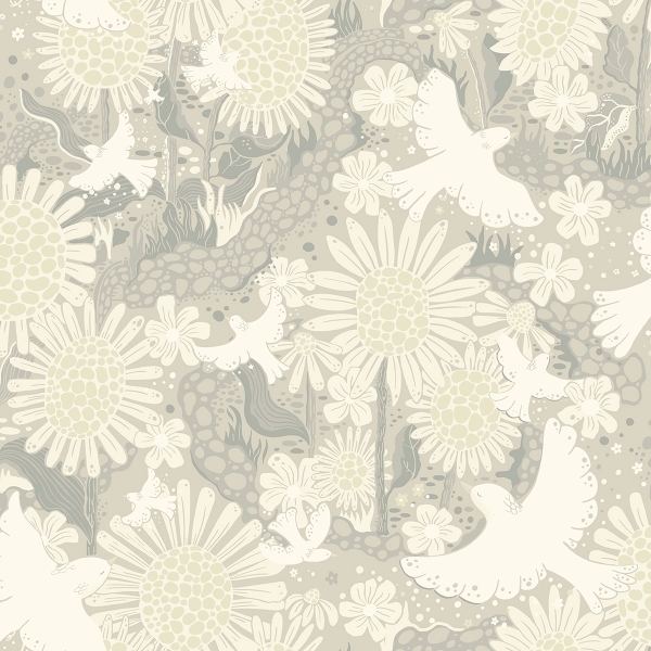 Picture of Drömma Light Grey Songbirds and Sunflowers Wallpaper
