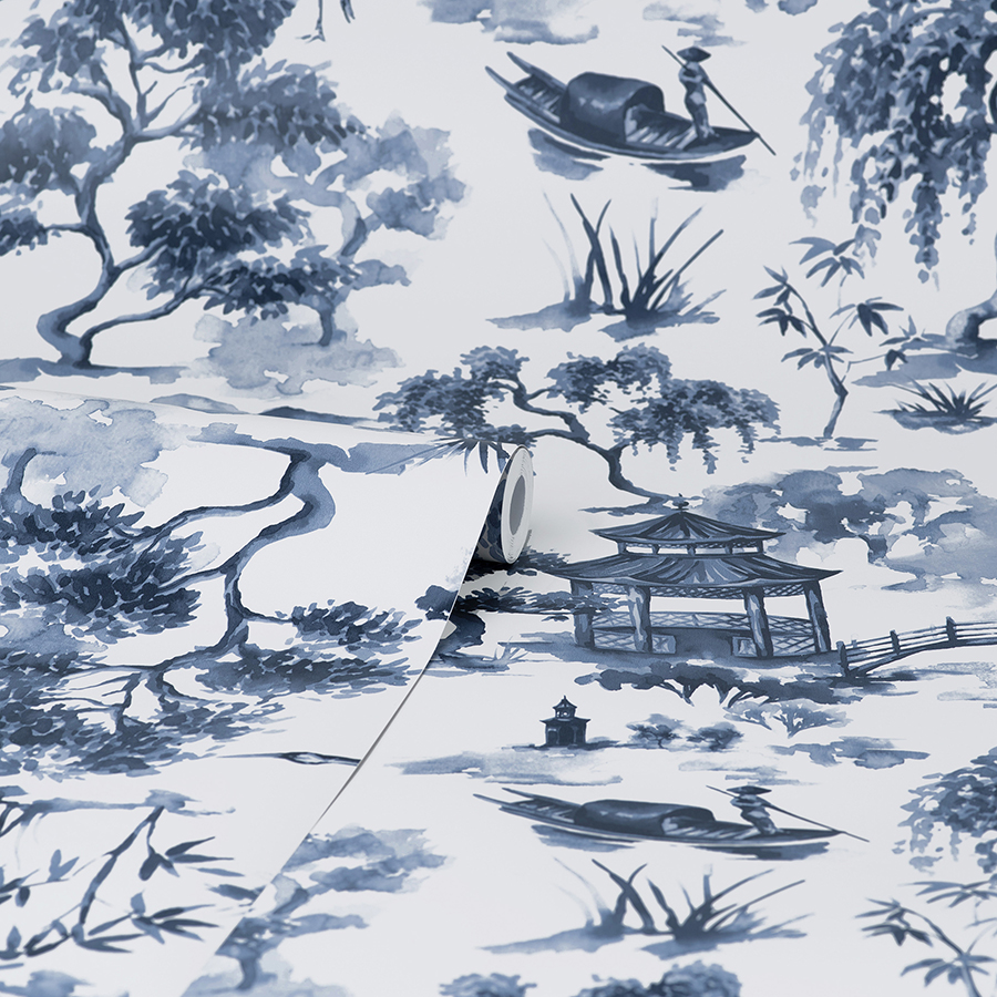 NHS4768 - Navy Oriental Scene Peel and Stick Wallpaper - by InHome