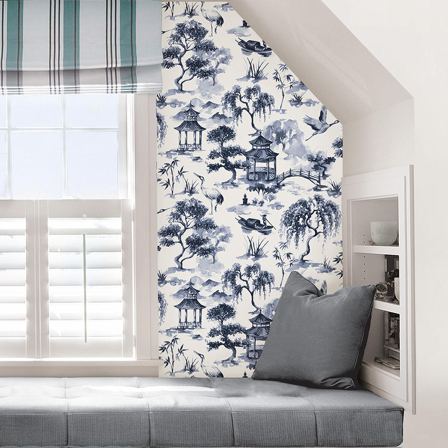 NHS4768 - Navy Oriental Scene Peel and Stick Wallpaper - by InHome