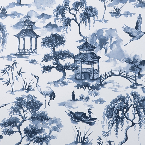 Picture of Navy Oriental Scene Peel and Stick Wallpaper