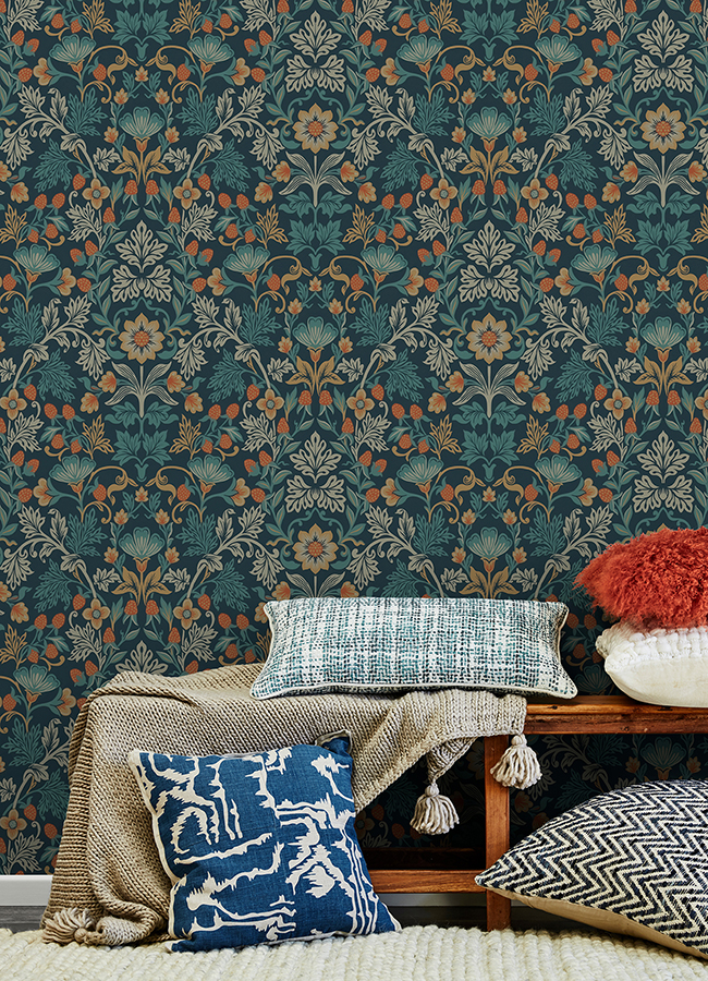 316001 - Lila Blue Strawberry Floral Wallpaper - by Eijffinger