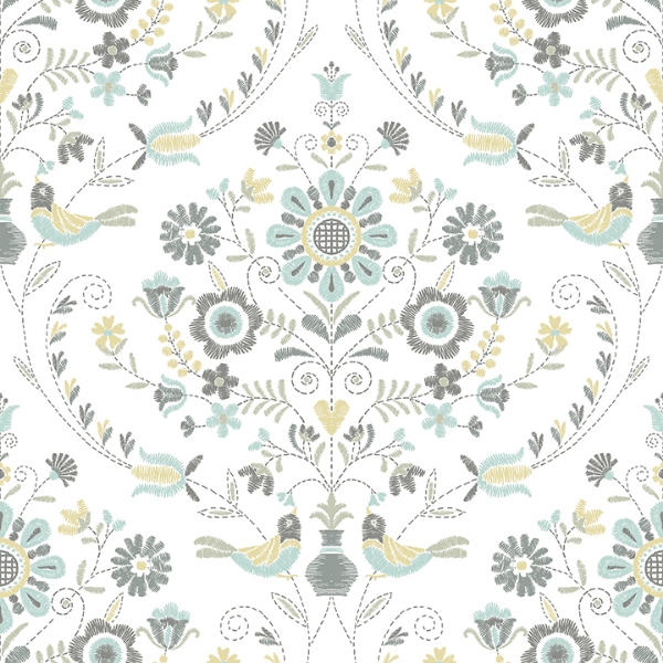 Picture of Britt Sea Green Embroidered Damask Wallpaper