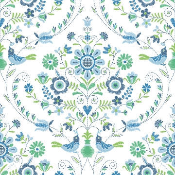 Picture of Britt Sapphire Embroidered Damask Wallpaper
