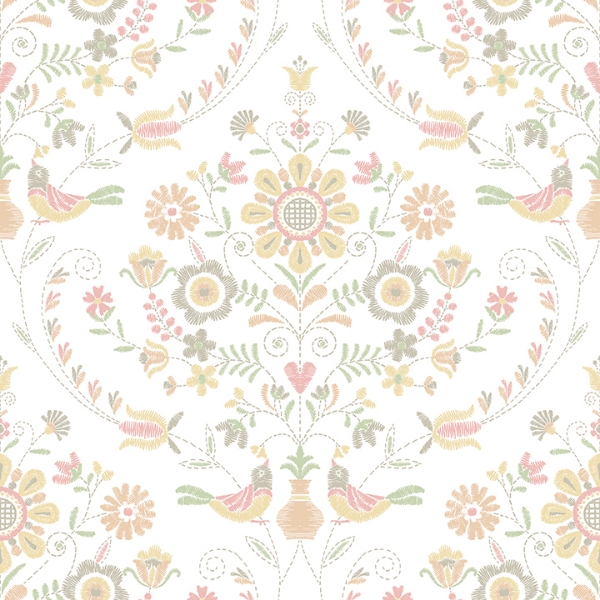 Picture of Britt Peach Embroidered Damask Wallpaper