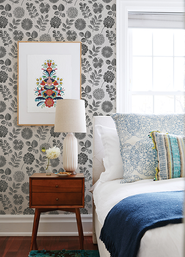4066-26534 - Inge Black Floral Block Print Wallpaper - by A-Street Prints