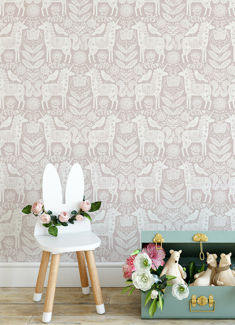 NUS4858 Unicorn Stamp Pink Peel and Stick Wallpaper by NuWallpaper
