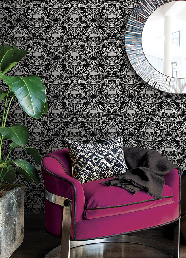 NUS4551 - Skulls Black Fieri Novelty Peel and Stick Wallpaper - by