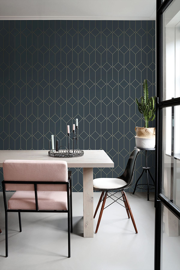 DD139225 Trilliant Dark Blue Art Deco Motif Wallpaper by ESTA Home