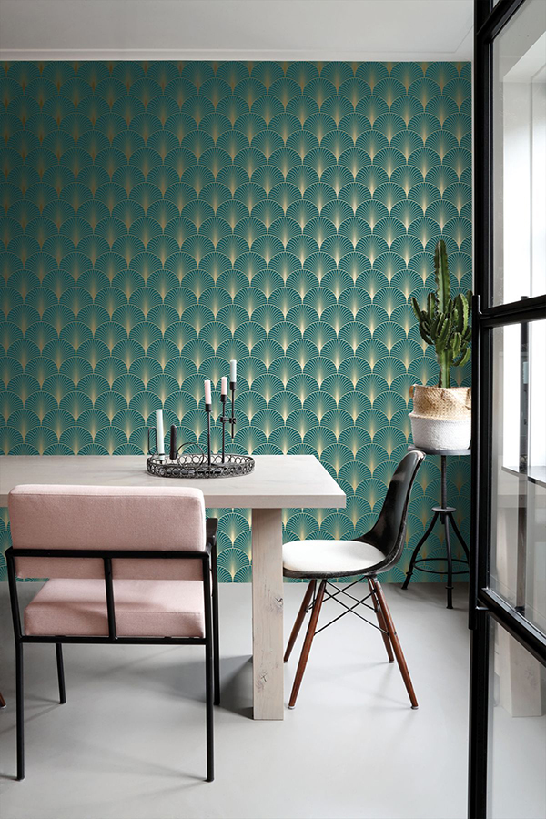 DD139230 - Lempicka Teal Art Deco Motif Wallpaper - by ESTA Home