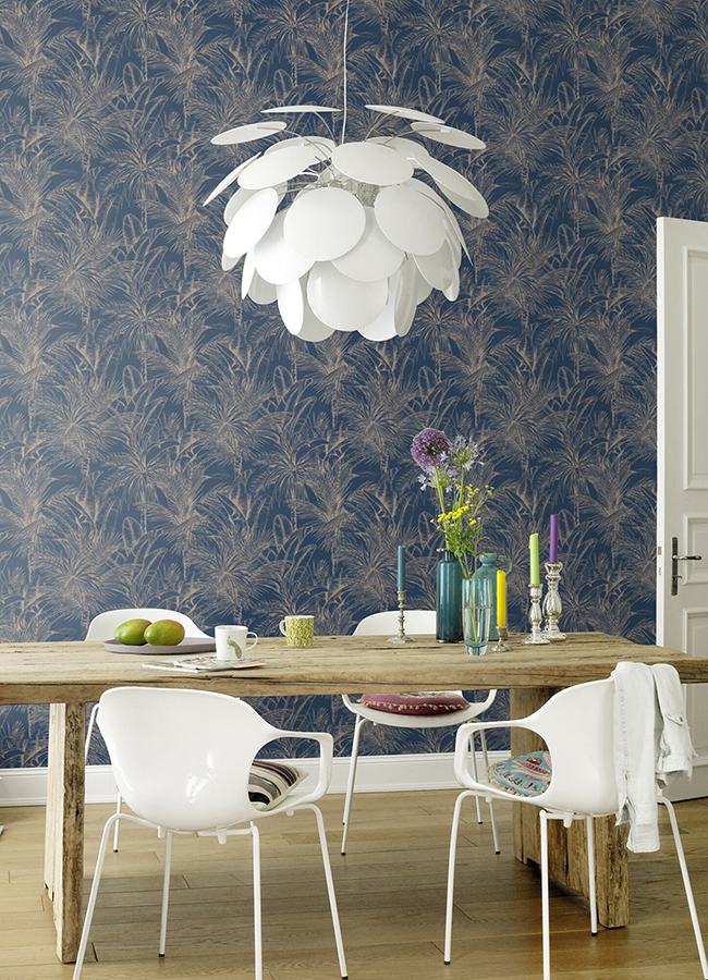 2980478044 Serra Dark Blue Palm Wallpaper by Advantage