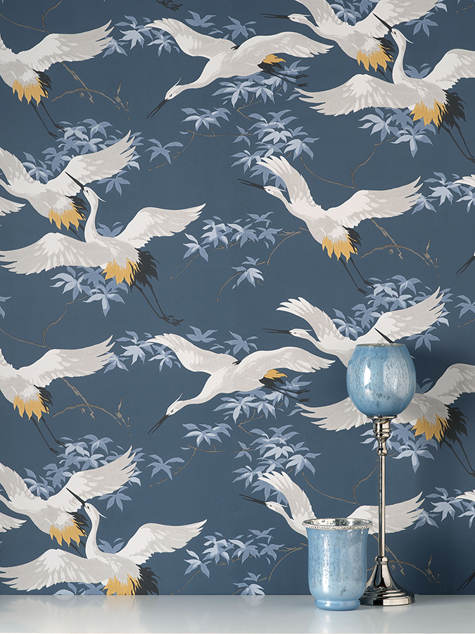 M1654 - Saura Blue Cranes Wallpaper - by Fine Decor