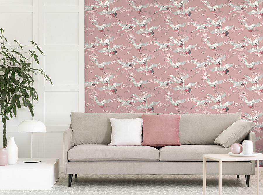 M1656 - Saura Pink Cranes Wallpaper - by Fine Decor