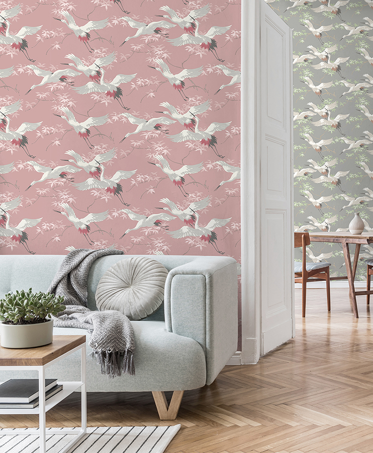 M1656 Saura Pink Cranes Wallpaper by Fine Decor