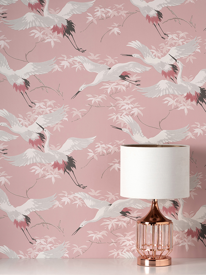 M1656 - Saura Pink Cranes Wallpaper - by Fine Decor