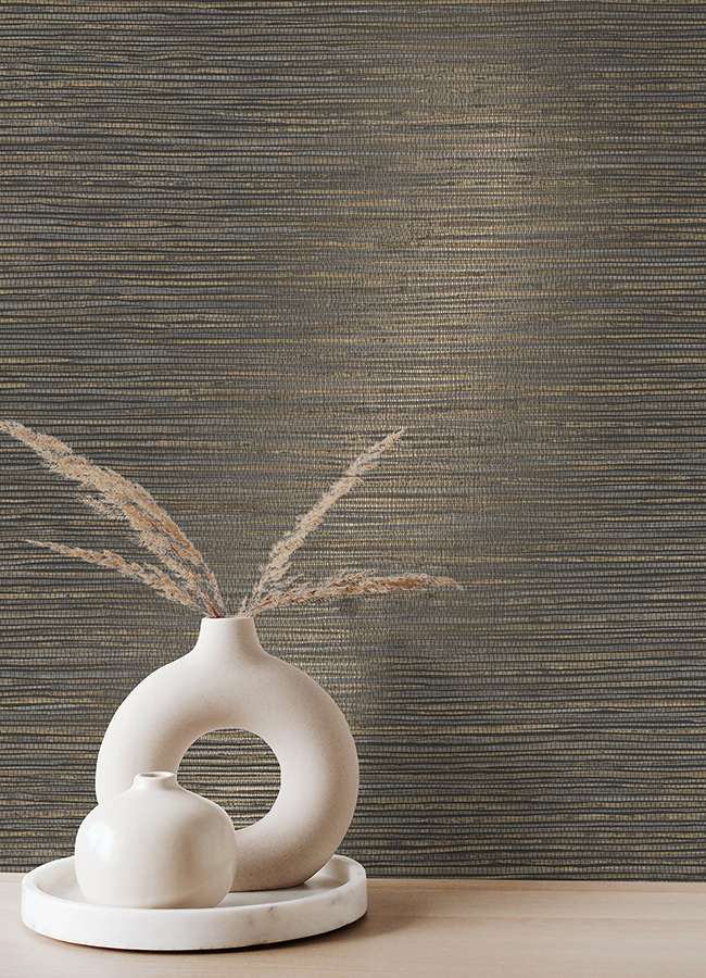 412526716 Alton Black Faux Grasscloth Wallpaper by Advantage