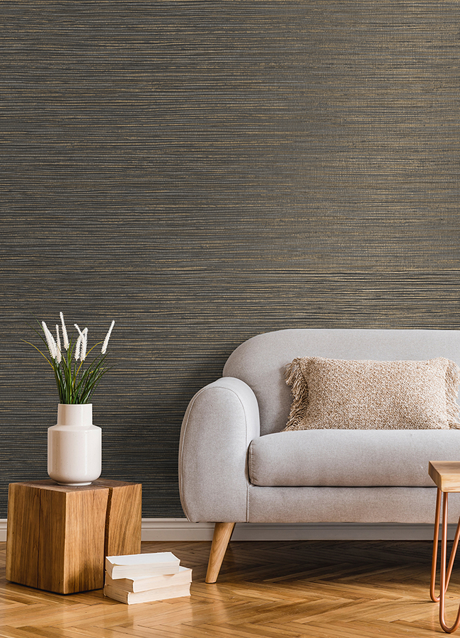 412526716 Alton Black Faux Grasscloth Wallpaper by Advantage