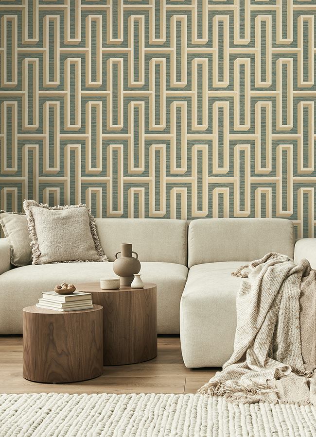 4125-26723 - Henley Teal Geometric Grasscloth Wallpaper - by Advantage