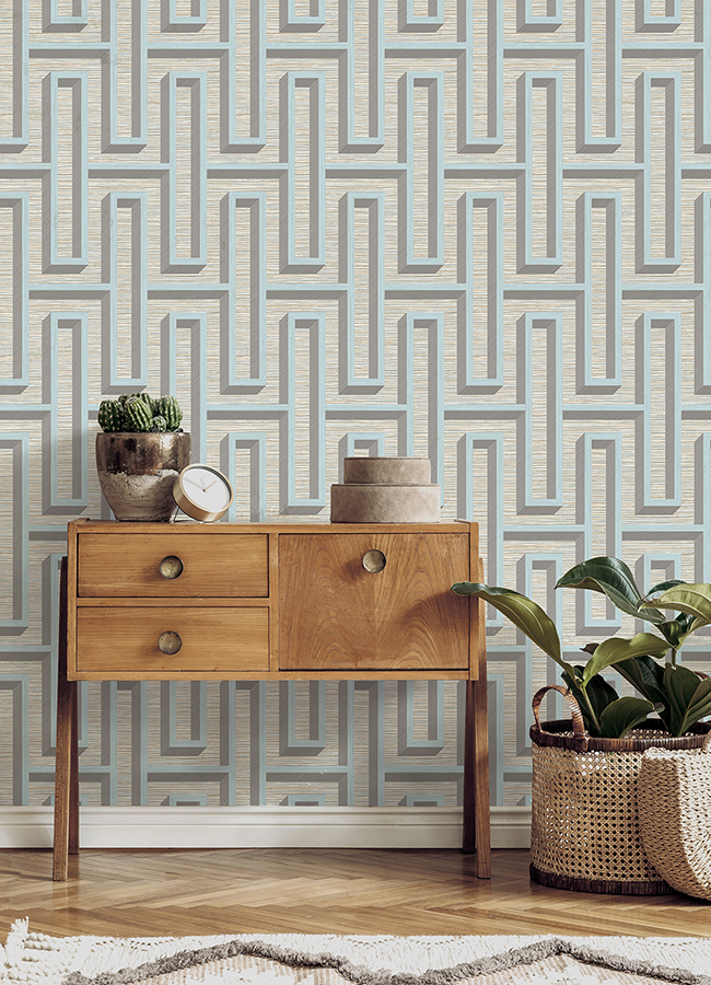 4125-26724 - Henley Light Blue Geometric Grasscloth Wallpaper - by