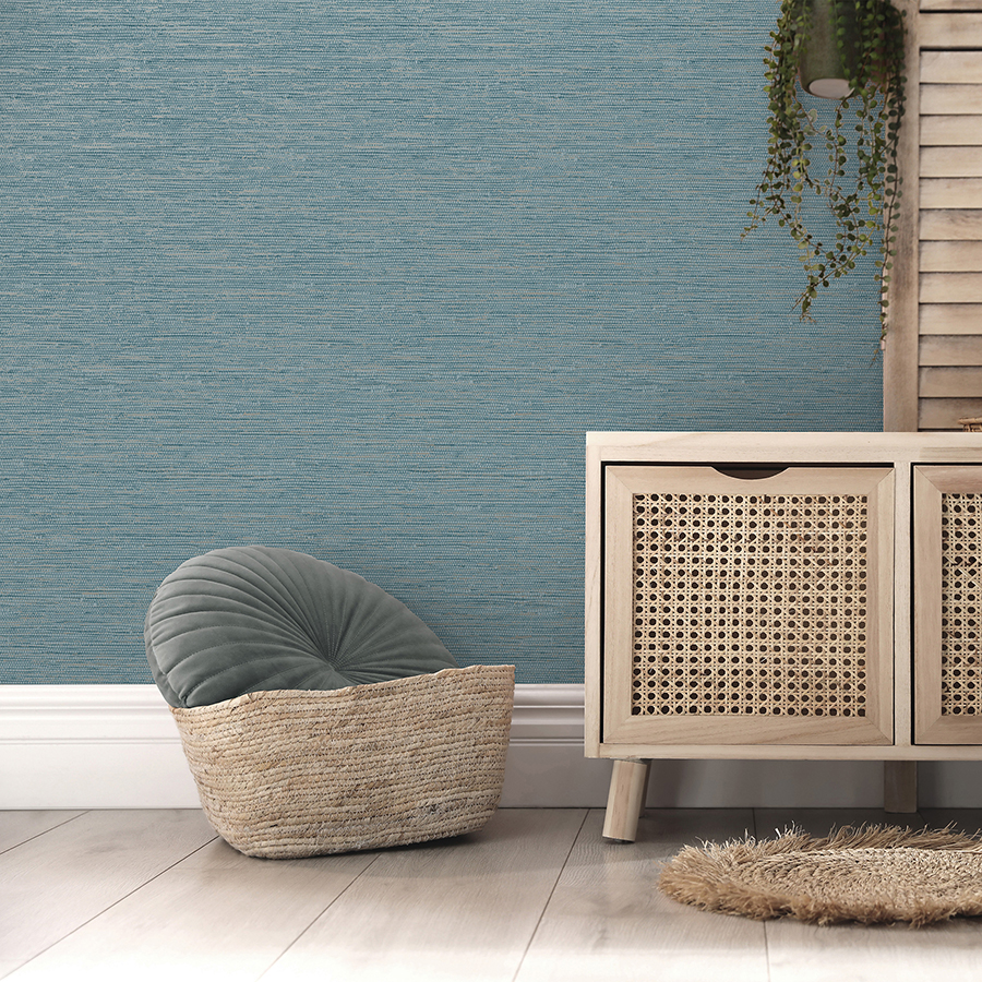 FD43157 - Mephi Teal Grasscloth Wallpaper - by Fine Decor