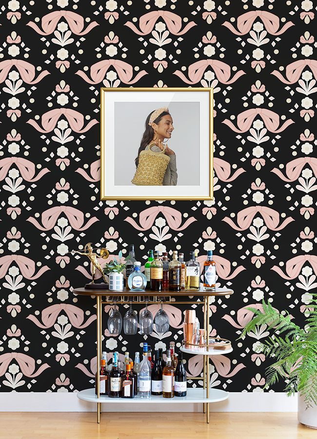 LSS4956 Bow Damask Black Peel and Stick Wallpaper by LeLe Sadoughi x NuWallpaper