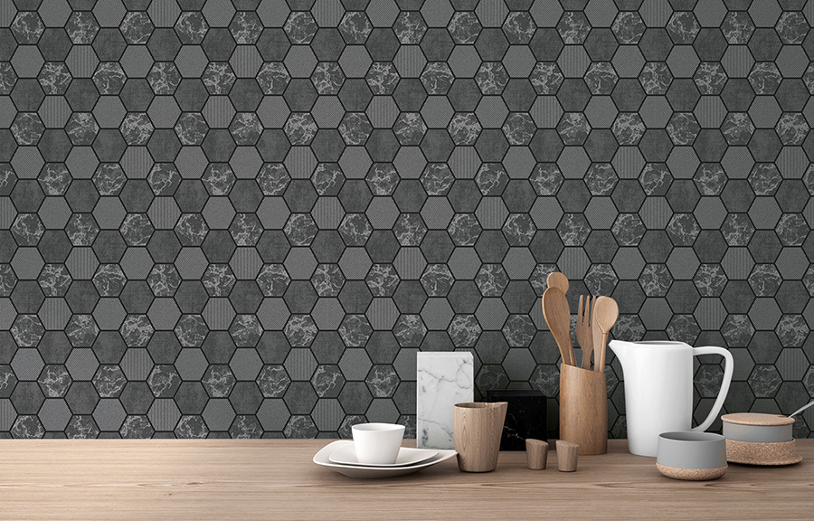 FD42414 Ceramica Black Hexagon Tile Wallpaper by Fine Décor