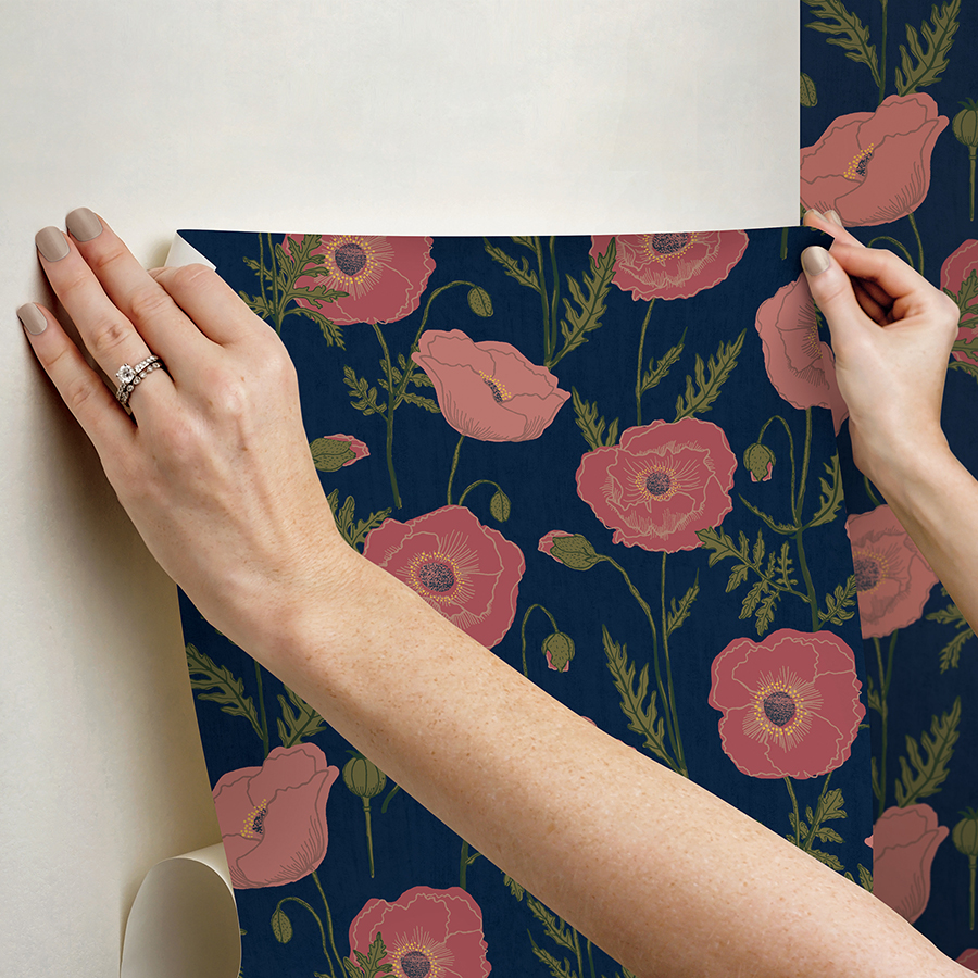 JHS5028 Navy Pink Poppy Field Peel and Stick Wallpaper by Jen