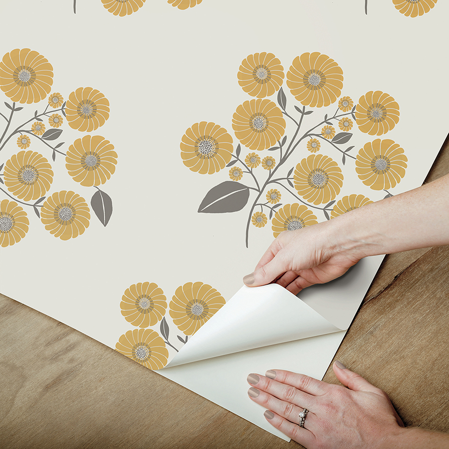 JHS5031 - Mustard Grey StrawFlower Peel and Stick Wallpaper - by Jen