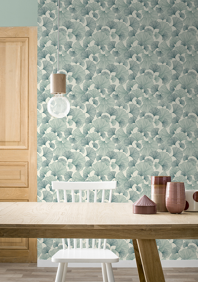 RH407662 - Waft Teal Ginkgo Wallpaper - by Rasch