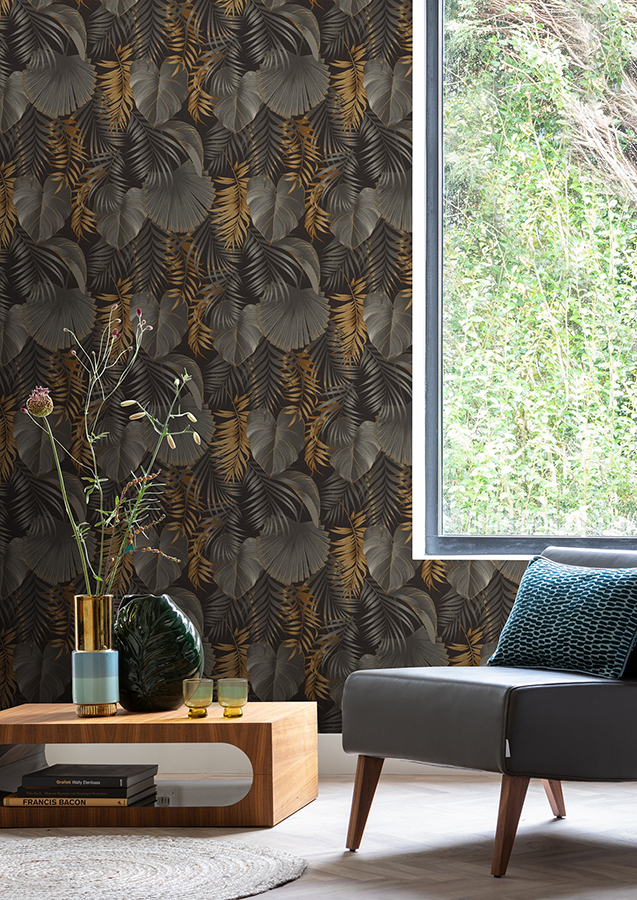 RH462043 - Valdivi Black Palm Fronds Wallpaper - by Rasch