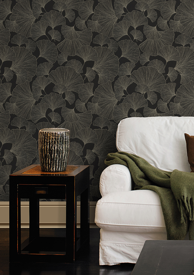 RH462234 - Waft Black Ginkgo Wallpaper - by Rasch
