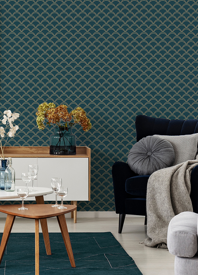 NUS4910 - Teal Deco Wave Peel and Stick Wallpaper - by NuWallpaper