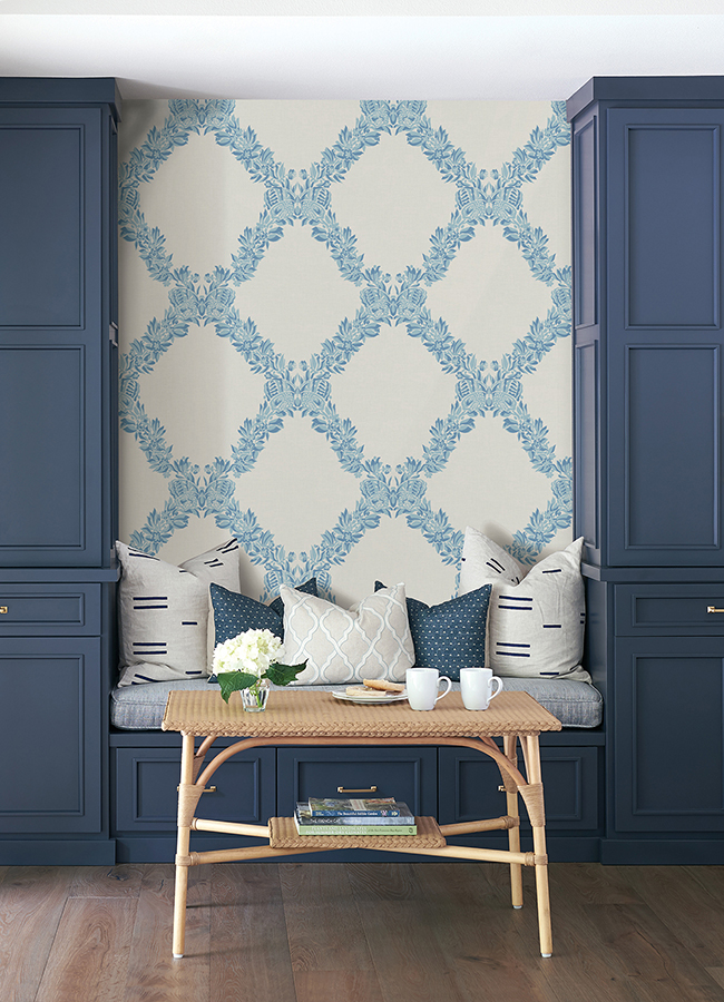 SCS6049 - Sky Blue Wreath Peel and Stick Wallpaper - by Scalamandré