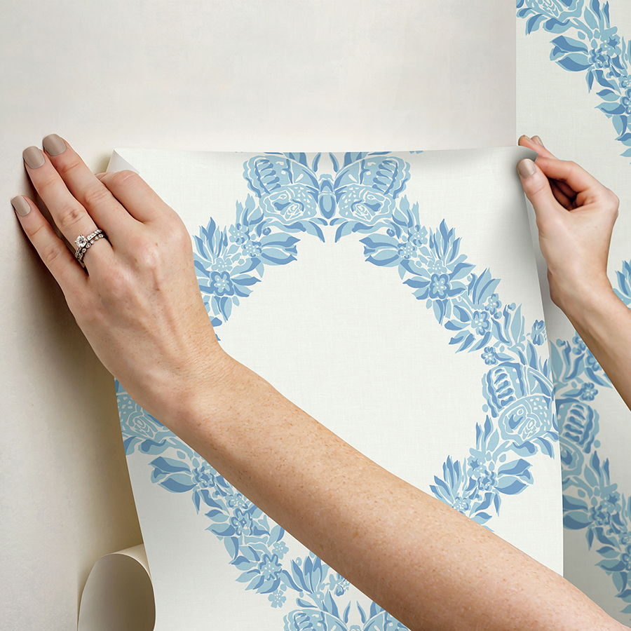 SCS6049 - Sky Blue Wreath Peel and Stick Wallpaper - by Scalamandré