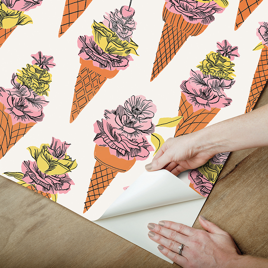 BDS6076 Orange Floral Ice Cream Peel and Stick Wallpaper by By Dylan M