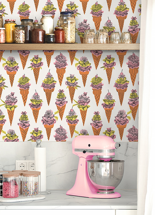 BDS6076 Orange Floral Ice Cream Peel and Stick Wallpaper by By Dylan M