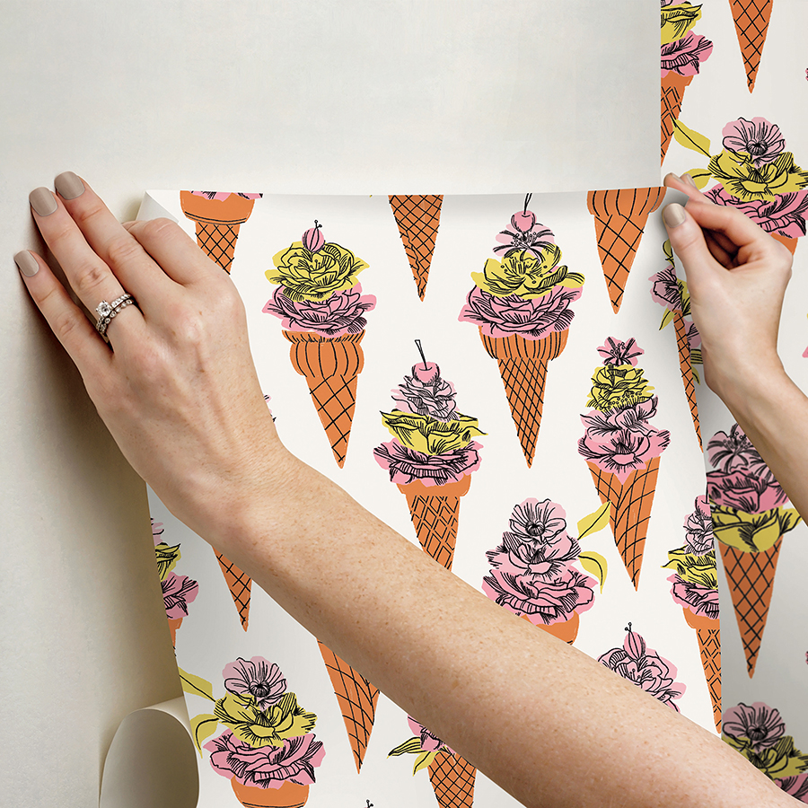 BDS6076 Orange Floral Ice Cream Peel and Stick Wallpaper by By Dylan M