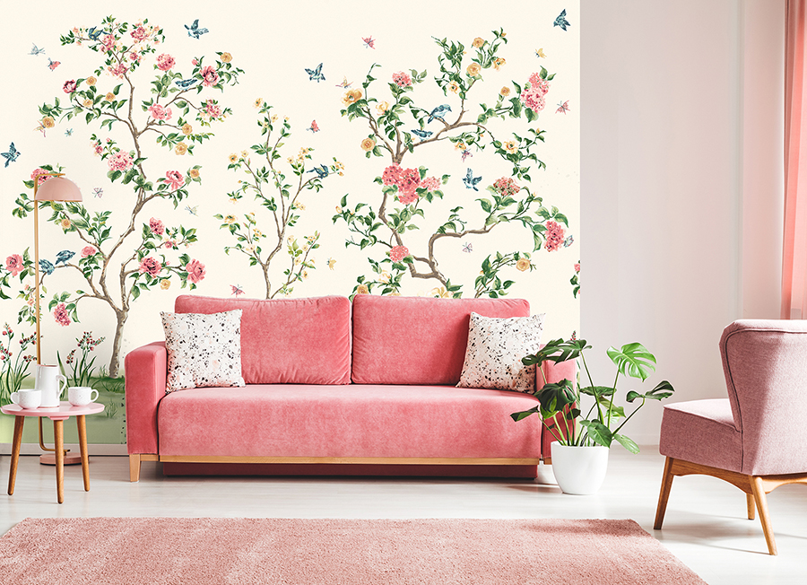 MUR193M Pink Chinoiserie Floral Tree Wall Mural by Origin Murals