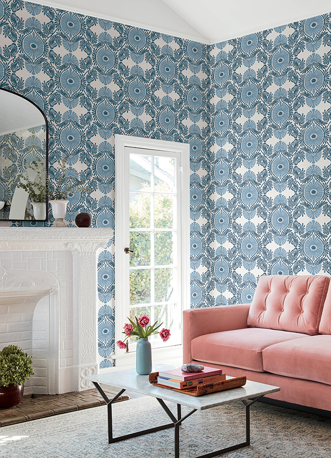 412272401 Villa Blue Embellished Ogee Wallpaper by AStreet Prints