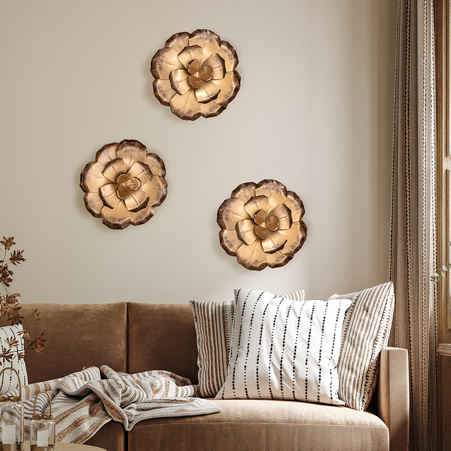 WA8932BXW Zinnias Bronze Flowers Metal Wall Art Set of 3 by Habitat