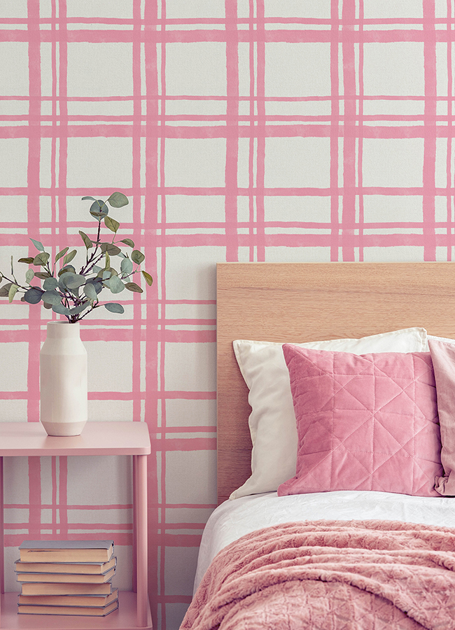 PP4706 Plaid Think Pink Geometric Peel and Stick Wallpaper by