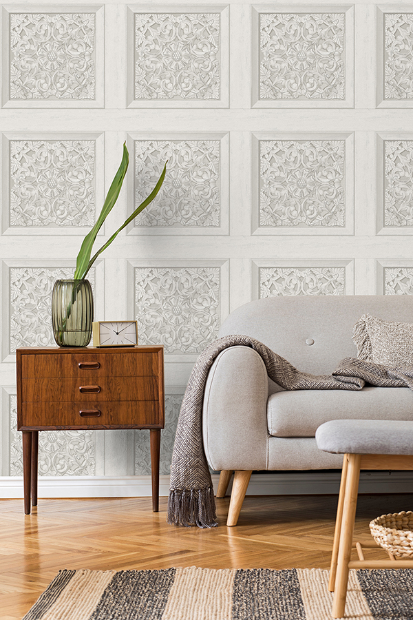 FD43275 - Albie Dove Carved Panel Wallpaper - by Fine Décor