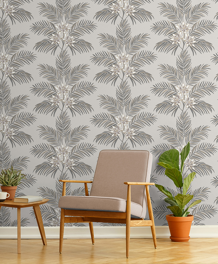 FD43277 - Bali Light Grey Palm Wallpaper - by Fine Décor