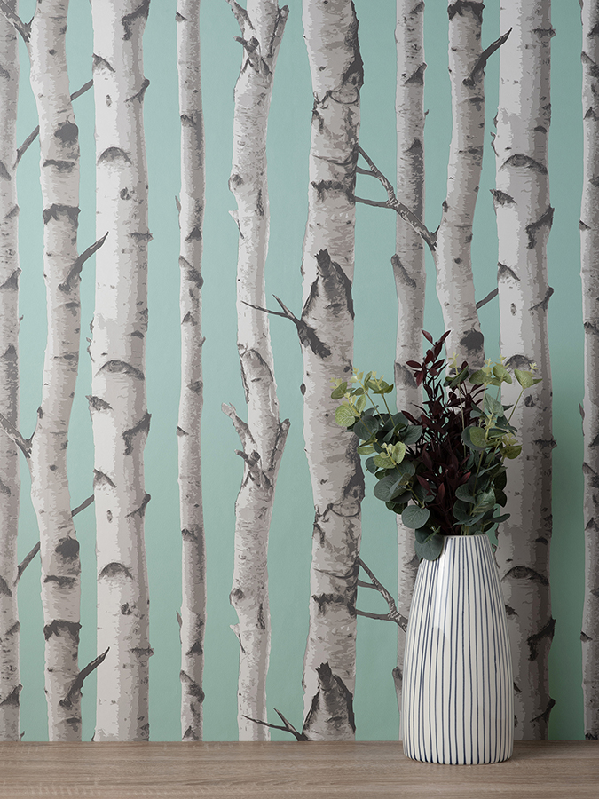 FD43293 - Chester Aqua Birch Trees Wallpaper - by Fine Décor