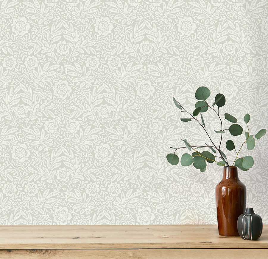 M1743 Camille Light Grey Damask Wallpaper by Fine Décor