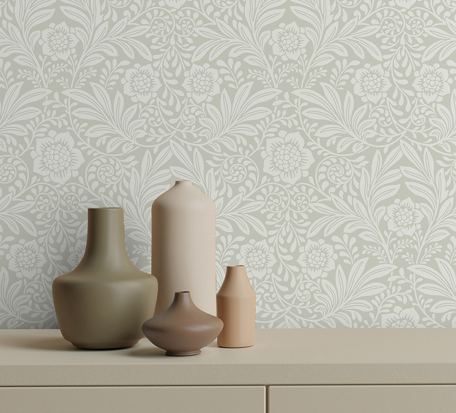 M1743 Camille Light Grey Damask Wallpaper by Fine Décor