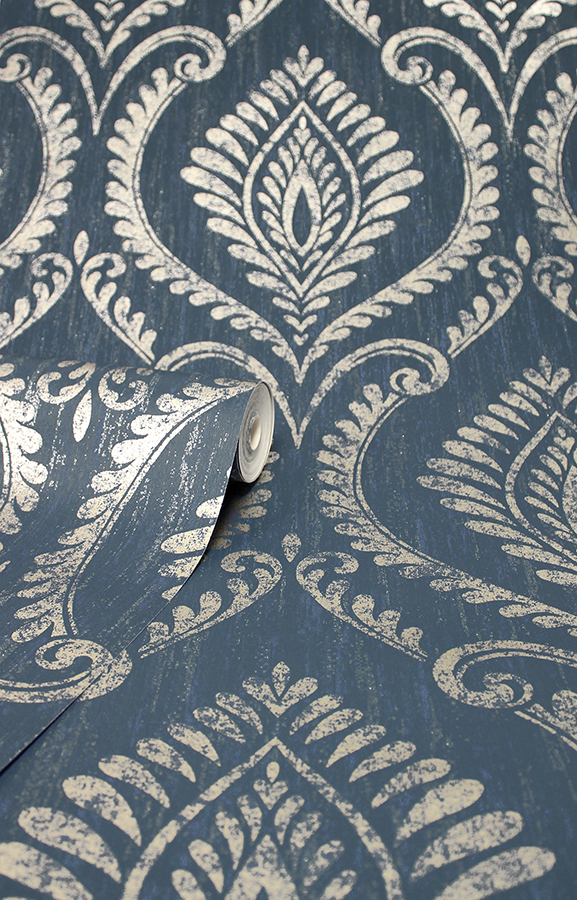 M1758 Estelle Navy Damask Wallpaper by Fine Décor