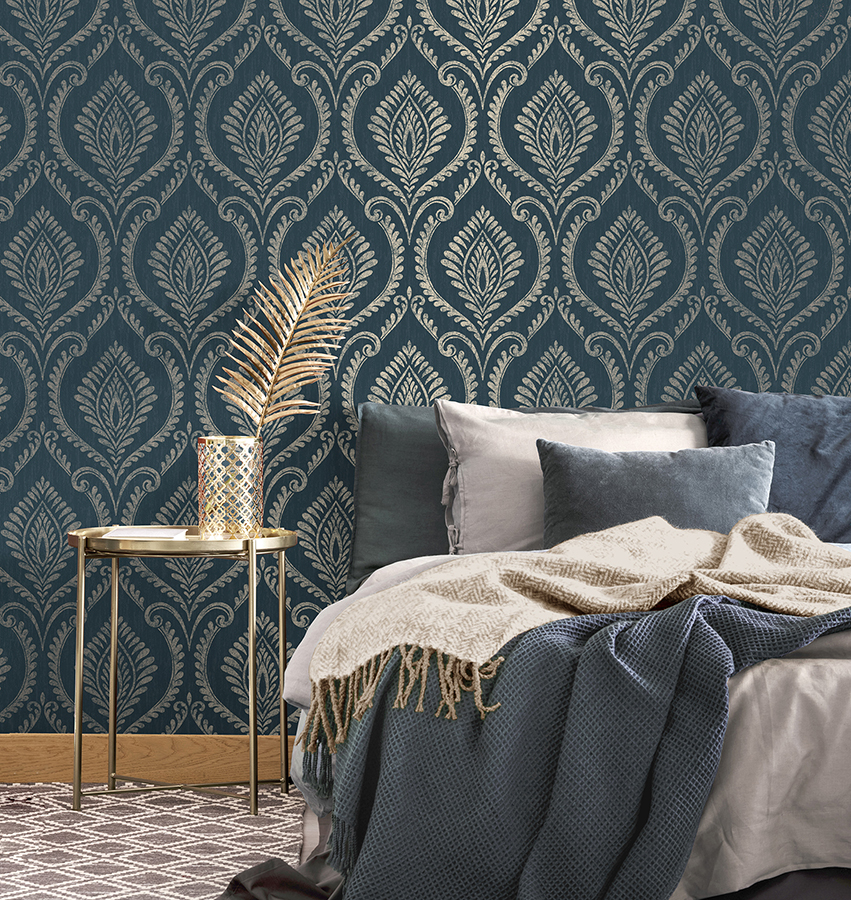 M1758 Estelle Navy Damask Wallpaper by Fine Décor