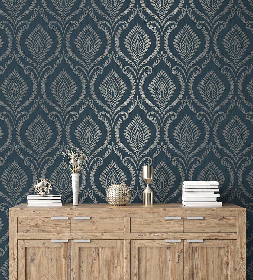 M1758 Estelle Navy Damask Wallpaper by Fine Décor